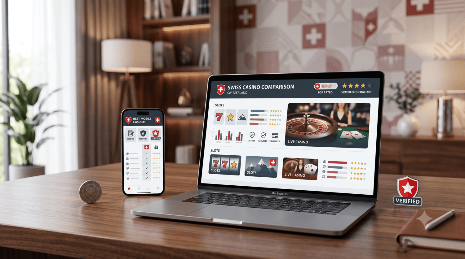 Vergleich von Online Casinos in der Schweiz auf Laptop und Smartphone
