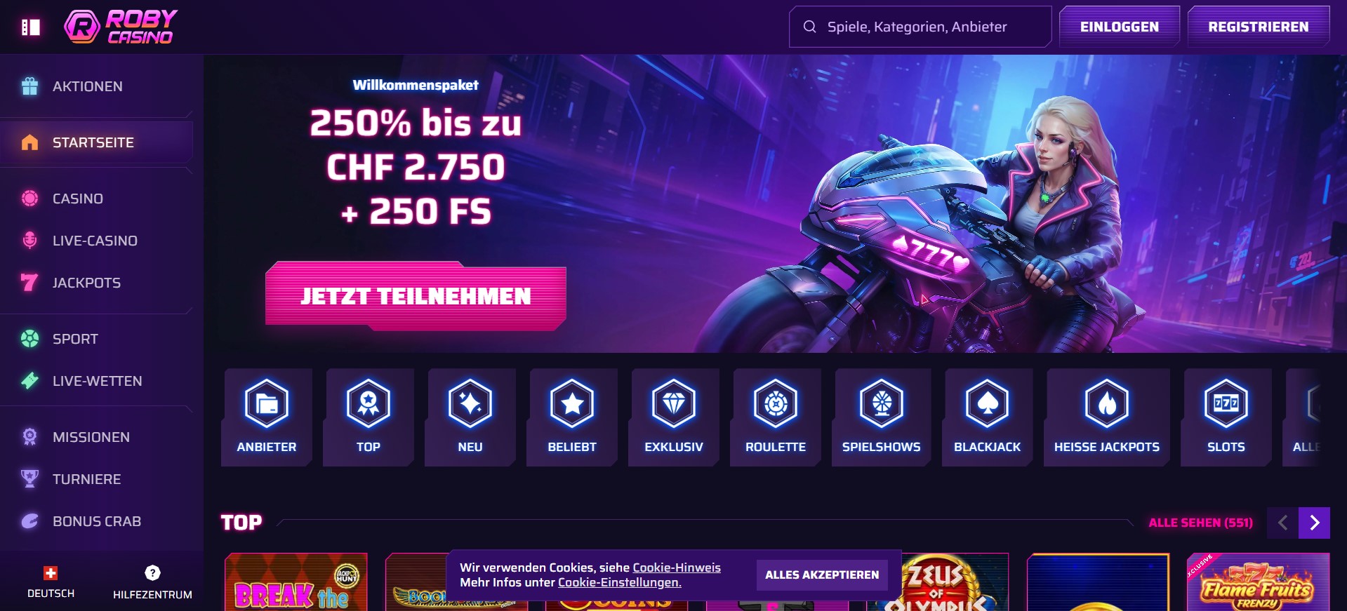 Roby Casino - Breites Echtgeld-Angebot und top Live Casino und Online Casino Schweiz